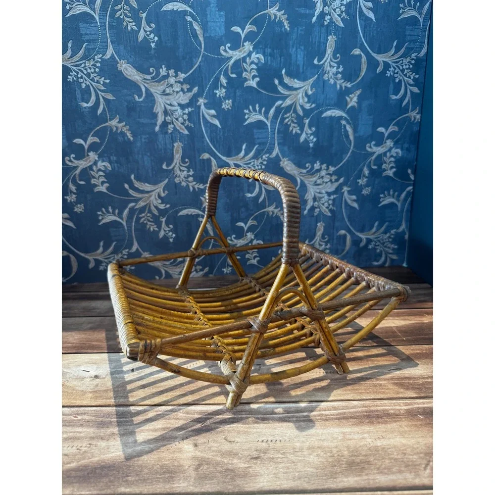 Vintage Rattan Caddy with Handle, Small Wicker Storage Basket